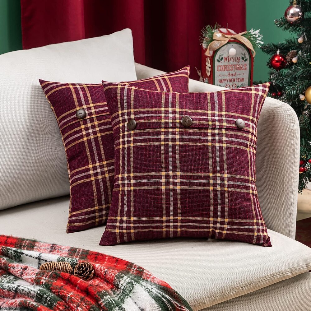1362 Christmas Set of 2 Decorative Linen Throw Pillow Covers Triple Button